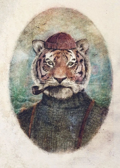 Illustration of a tiger wearing a hat and smoking a pipe, with a textured background.