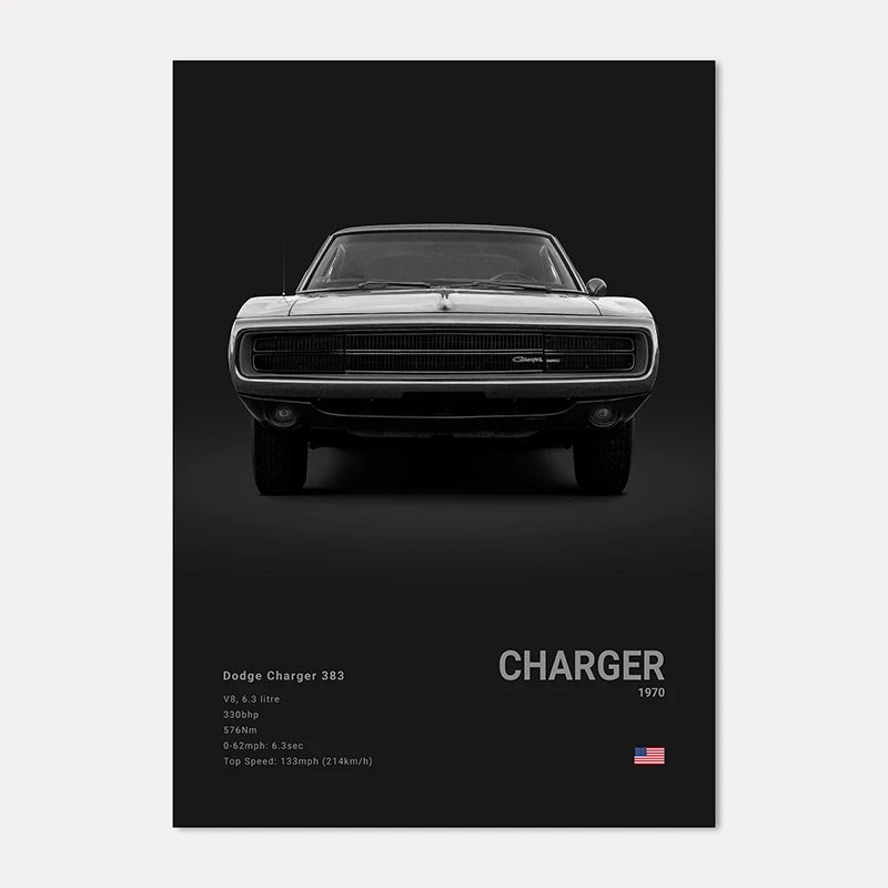Black and white poster of a Dodge Charger with model details on a dark background