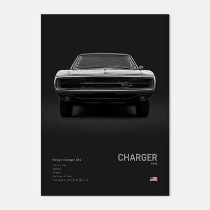 Black and white poster of a Dodge Charger with model details on a dark background