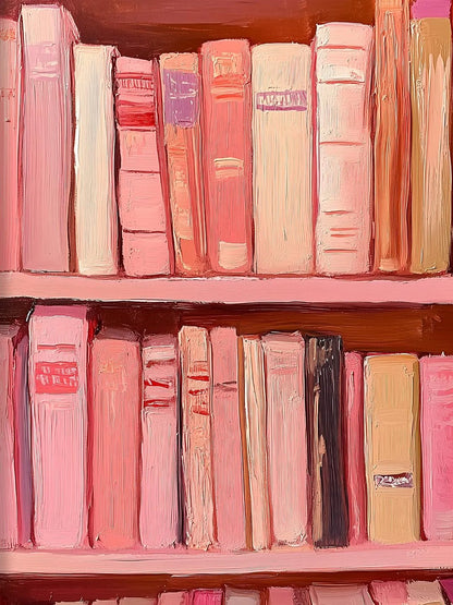 Shelves filled with books of various colors arranged in a row.