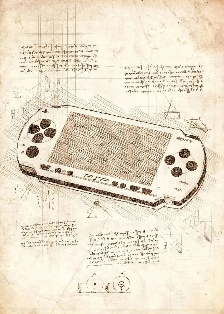 Vintage-style technical drawing of a handheld gaming console on a textured paper background with text.