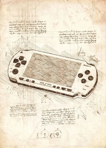 Vintage-style technical drawing of a handheld gaming console on a textured paper background with text.