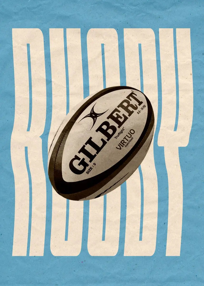 Rugby ball with 'Gilbert' branding on a blue background with 'RUGBY' text.