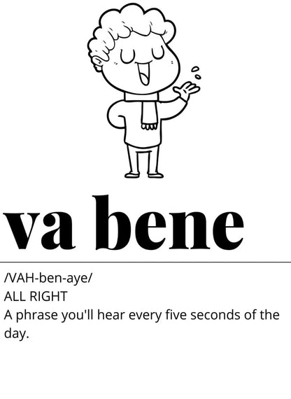 Cartoon character with text 'va bene' and definition on a white background