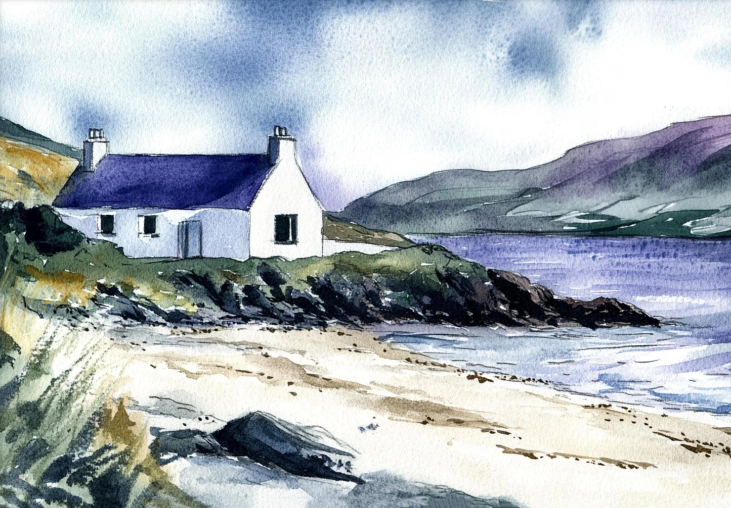 Watercolor painting of a coastal scene with a house, beach, and mountains.