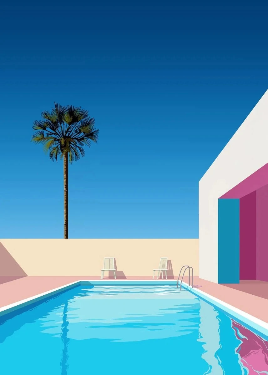 Pool area with a palm tree, chairs, and a building under a clear blue sky.