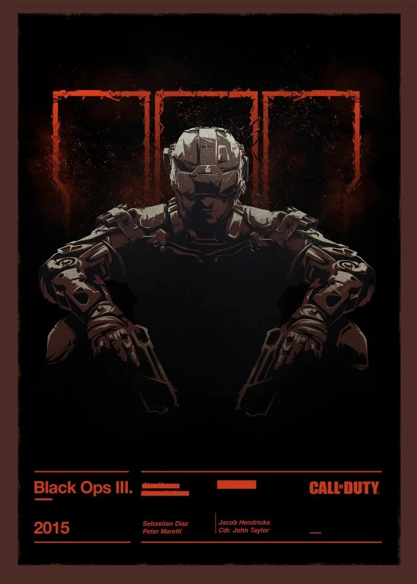 Poster of a character from 'Call of Duty: Black Ops III' with a dark background and red accents.