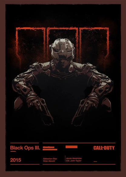 Poster of a character from 'Call of Duty: Black Ops III' with a dark background and red accents.