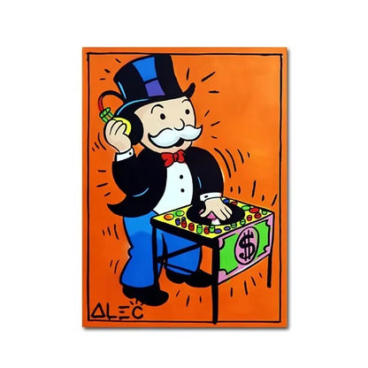 Monopoly character with top hat and mustache on an orange background, featuring the artist's signature 'Alec'.