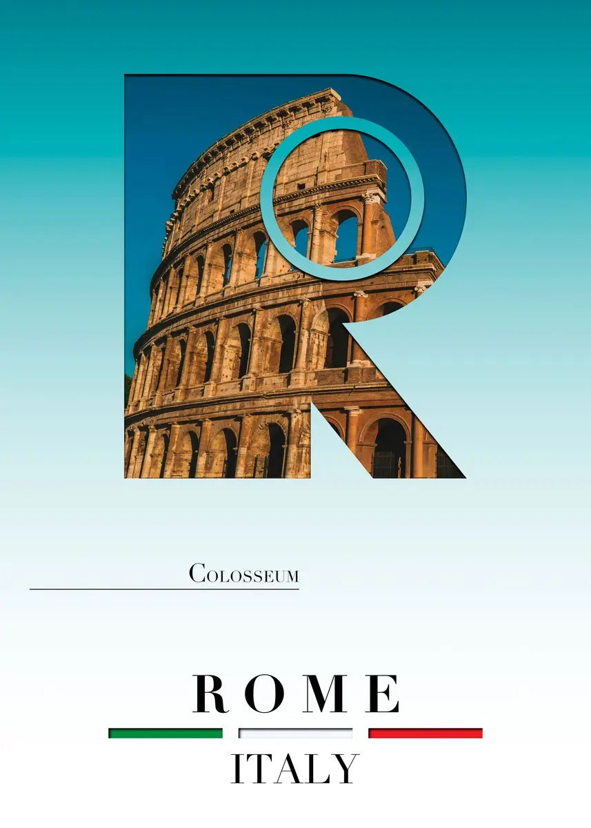 Colosseum with 'R' overlay on a blue gradient background, featuring the text 'Colosseum Rome Italy'.