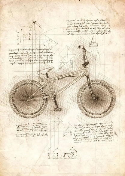 Technical drawing of a bicycle on a textured paper background with text