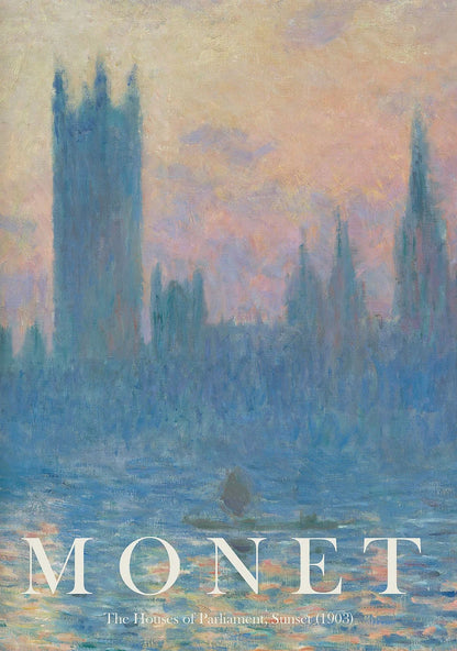 Painting of the Houses of Parliament at sunset by Monet with 'Monet' text overlay.