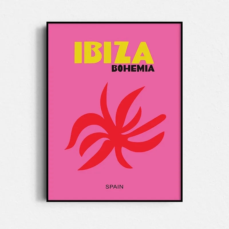 Poster with 'IBIZA BOHEMIA' text and red abstract design on a pink background