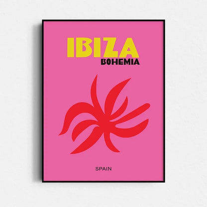 Poster with 'IBIZA BOHEMIA' text and red abstract design on a pink background