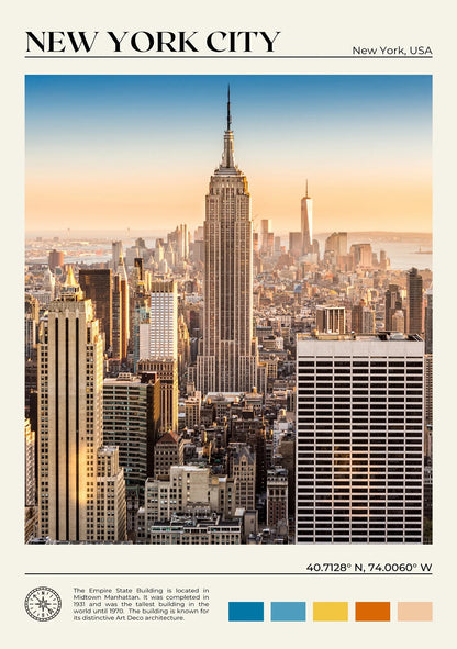 Cityscape of New York City with the Empire State Building at sunset.