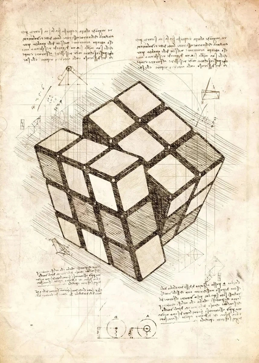 An illustration of a cube with geometric lines and text on an aged paper background