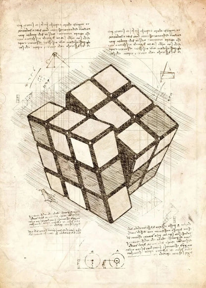 An illustration of a cube with geometric lines and text on an aged paper background