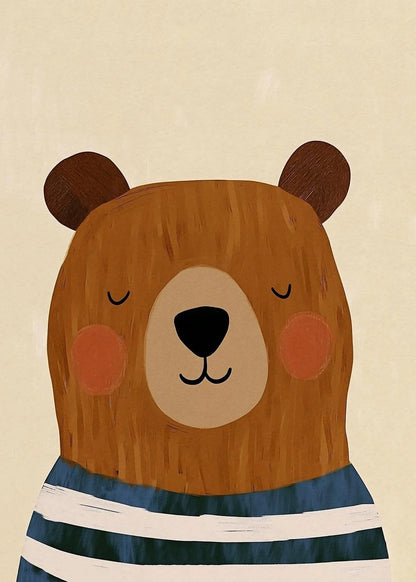 Illustration of a bear wearing a striped shirt on a beige background