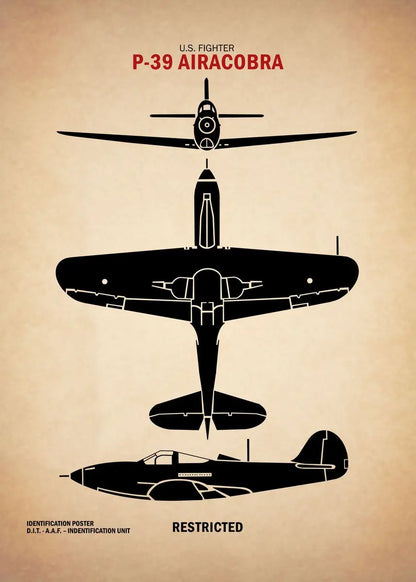 Black silhouette of a P-39 Airacobra fighter plane on a beige background with text.