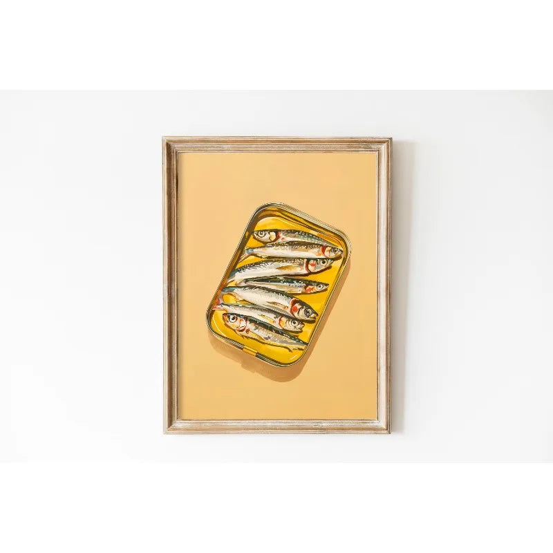 Framed artwork of a still life with fish on a yellow background