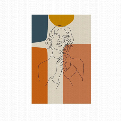 Minimalist line art of a woman with abstract geometric shapes in blue, yellow, and orange on a beige background.