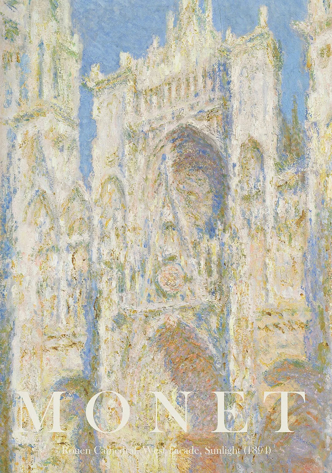 Artistic depiction of a cathedral with the artist's name 'Monet' at the bottom.
