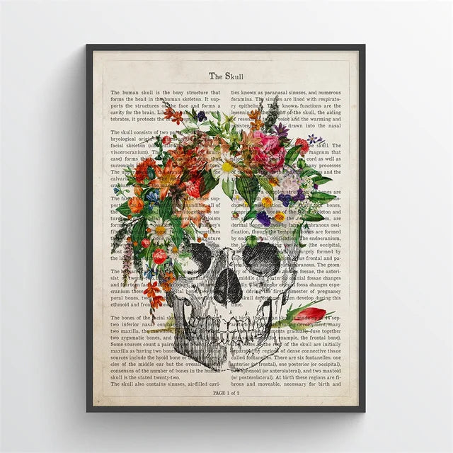 Framed artwork with a skull and floral design on an old book page.