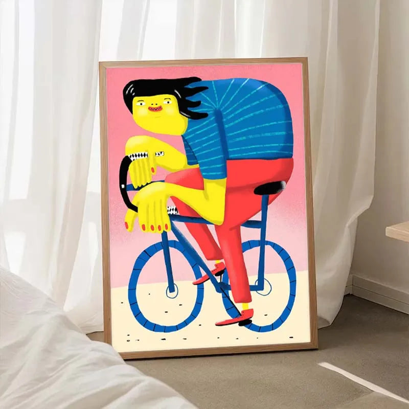 Colorful illustration of a person on a bicycle in a wooden frame against a white curtain background.