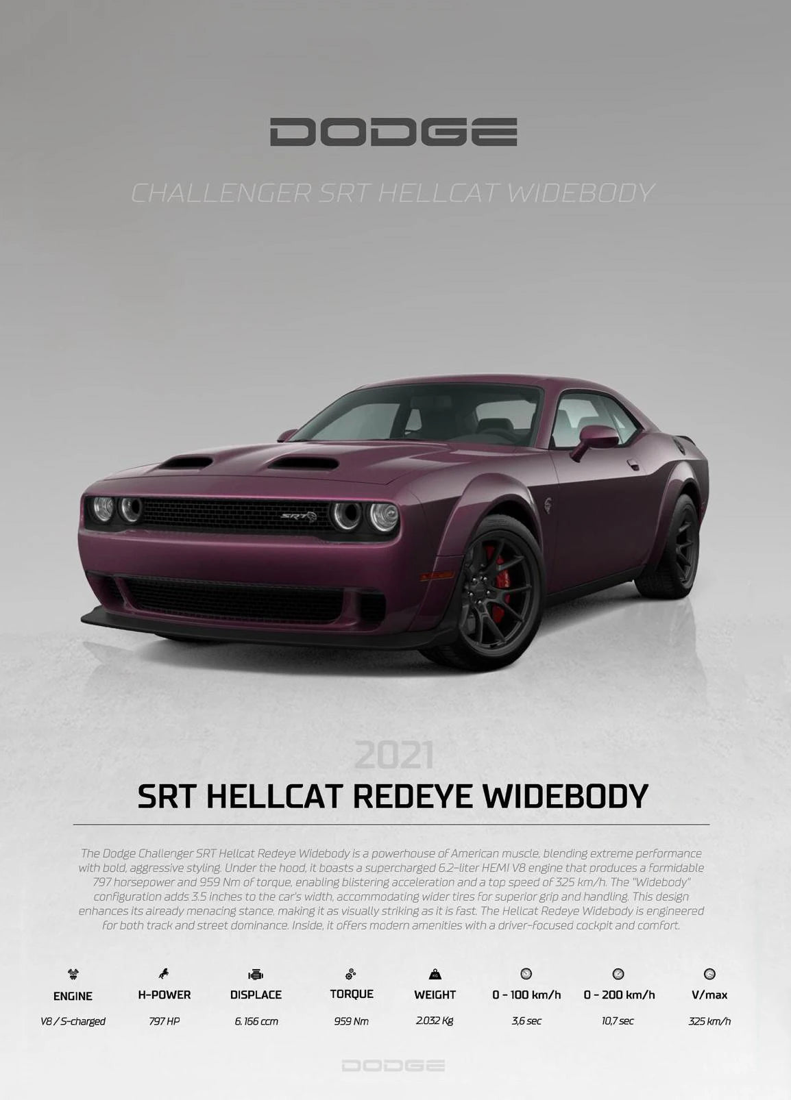 Dodge Challenger SRT Hellcat Widebody on a gray background