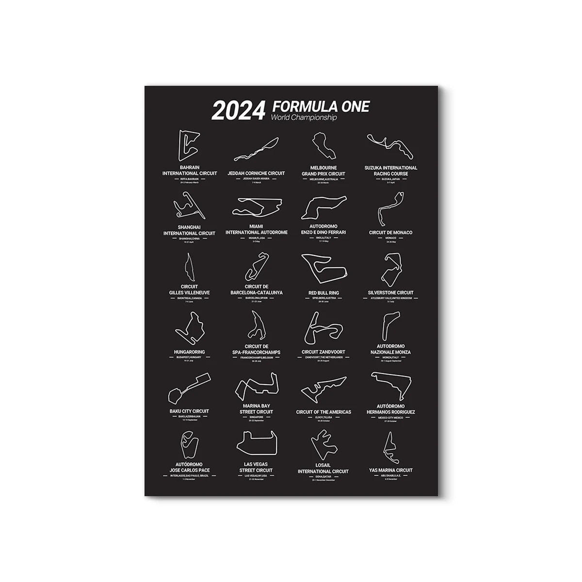 Black poster with white line drawings of Formula One race circuits for 2024 World Championship on a white background.
