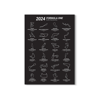 Black poster with white line drawings of Formula One race circuits for 2024 World Championship on a white background.