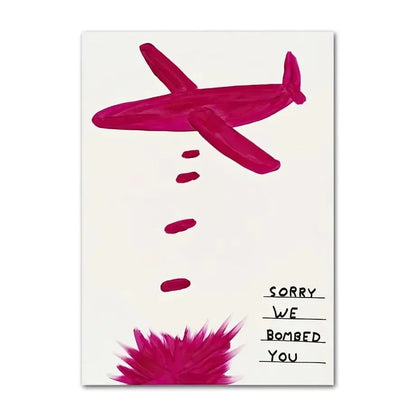 Poster with a pink airplane and text 'Sorry We Bombed You' on a white background