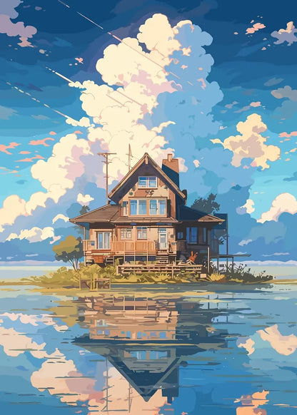 Cozy lakeside cabin with a scenic reflection on a calm lake, under a blue sky with fluffy clouds.