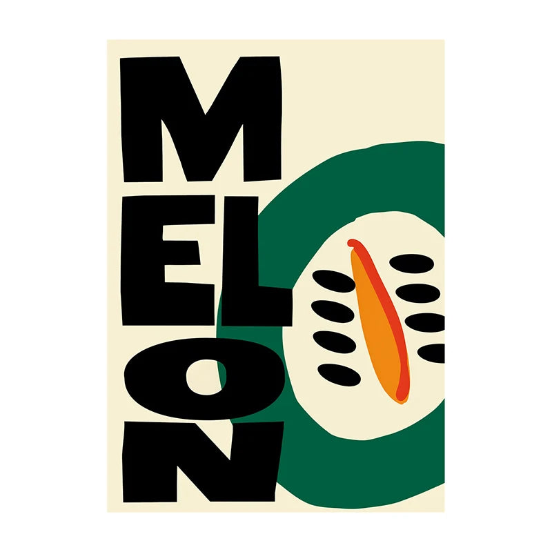 Poster with 'Melon' text and a stylized melon illustration on a beige background