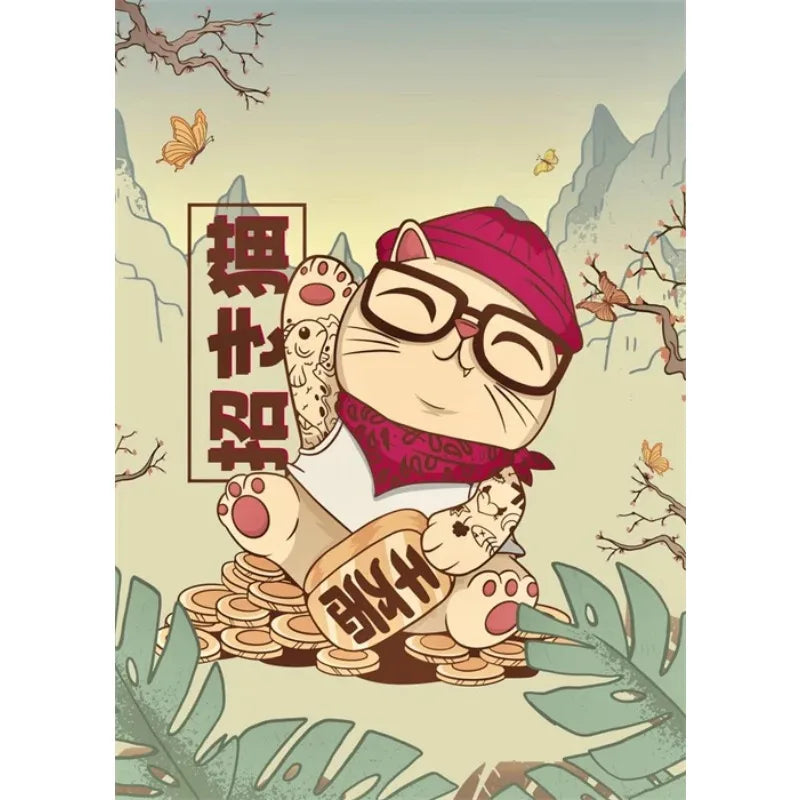 Cartoon cat with glasses and a hat, surrounded by nature elements, on a light background.