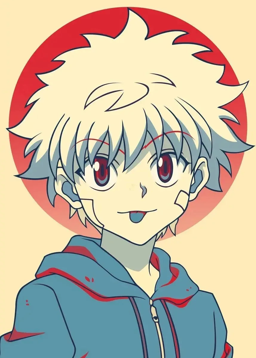 Anime character with light blue hair and red eyes, wearing a blue hoodie with red accents, against a beige background with a red circle.