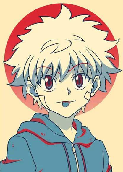 Anime character with light blue hair and red eyes, wearing a blue hoodie with red accents, against a beige background with a red circle.