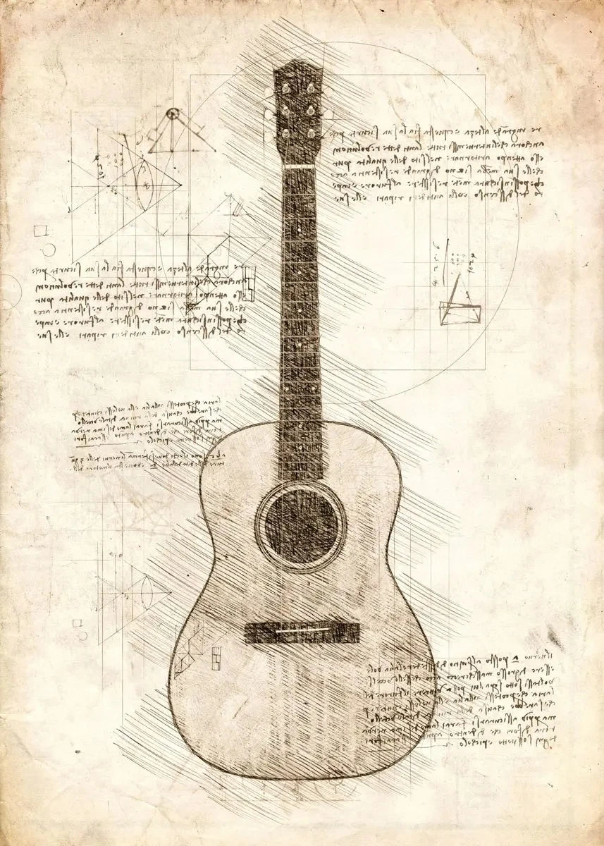 Technical drawing of a guitar on a textured paper background with text and diagrams.