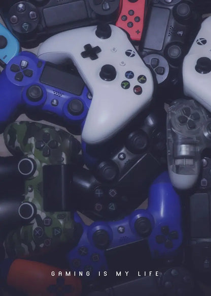 Collection of various gaming controllers with a dark overlay and 'Gaming is my life' text.
