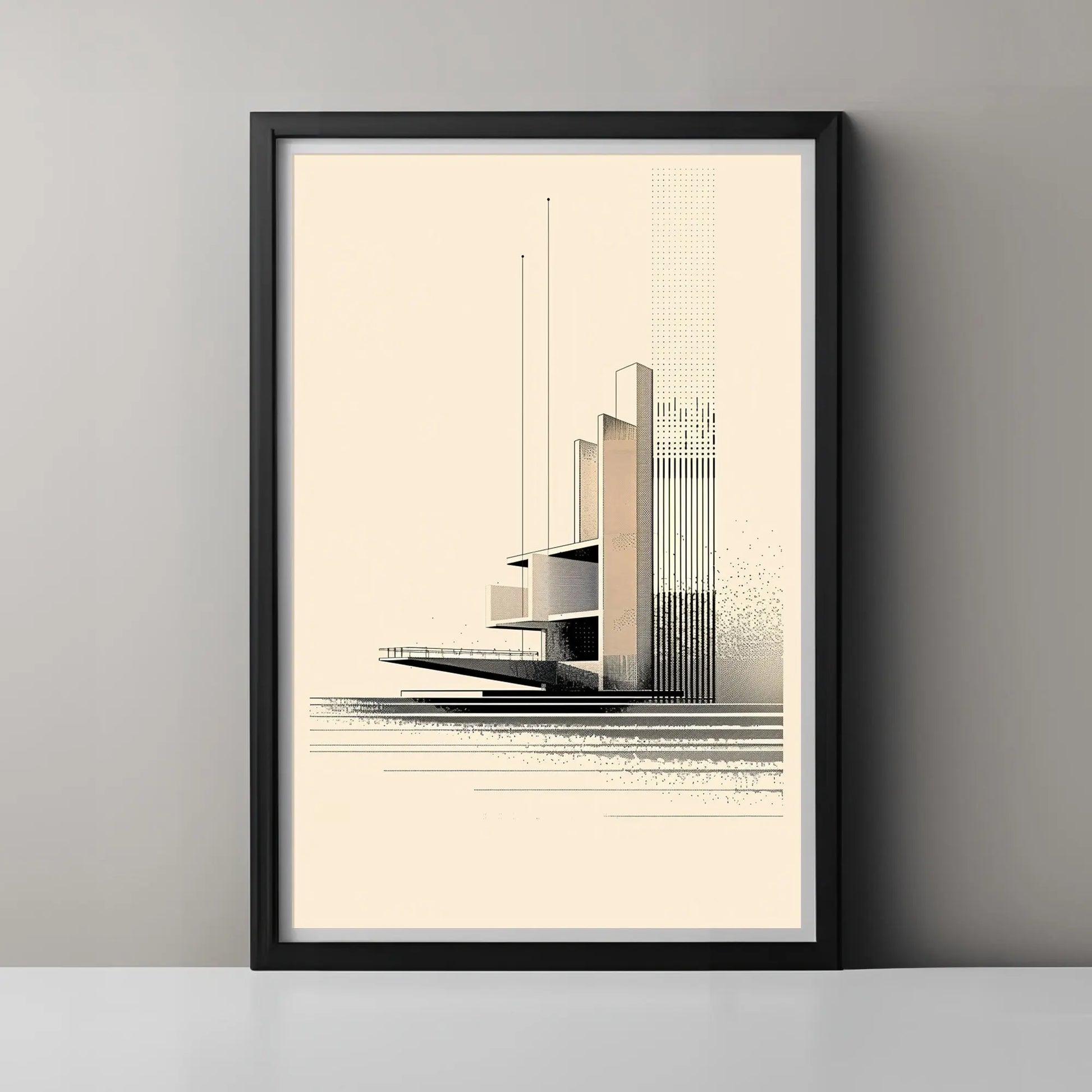 Framed abstract architectural artwork on a gray wall