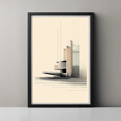 Framed abstract architectural artwork on a gray wall
