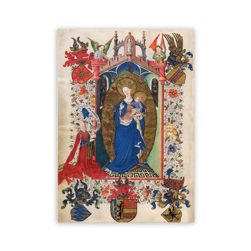 Decorative artwork with a central figure holding a child, surrounded by intricate designs and symbols on a beige background.