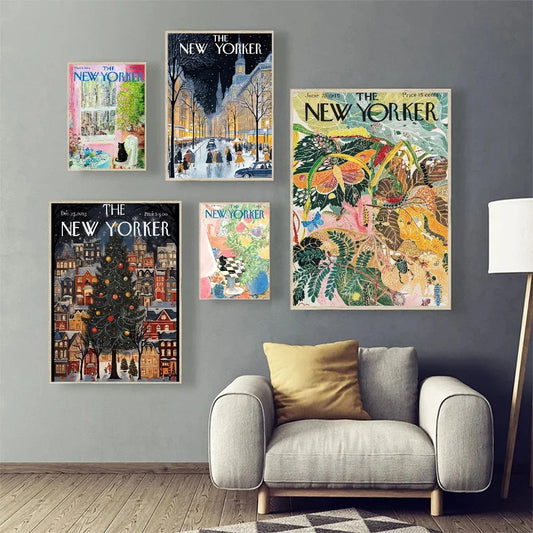 Decorative wall art of 'The New Yorker' magazine covers in a living room setting. Canvas & Curio