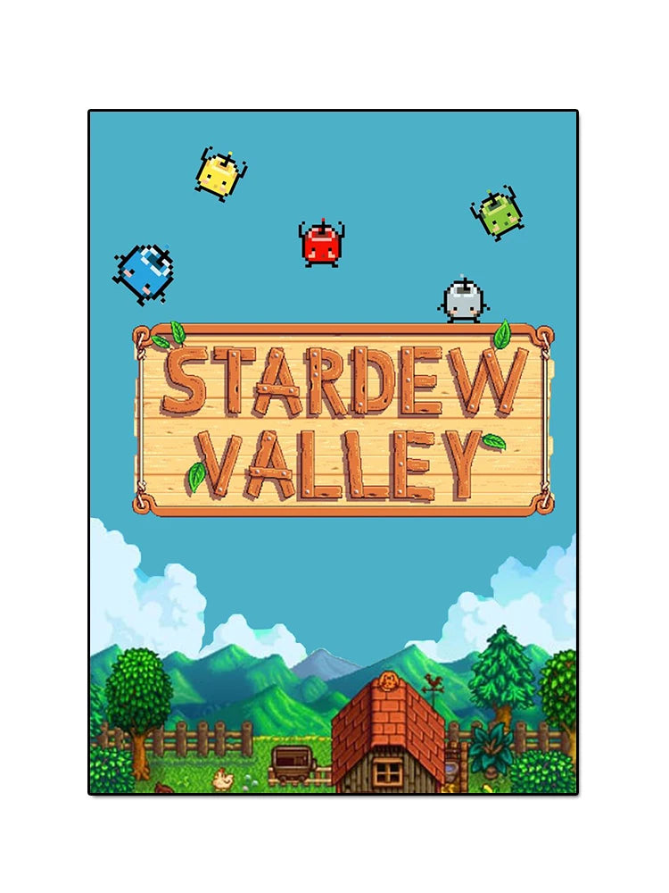 Stardew Valley logo with a pixel art style on a blue sky background