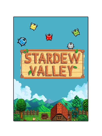Stardew Valley logo with a pixel art style on a blue sky background