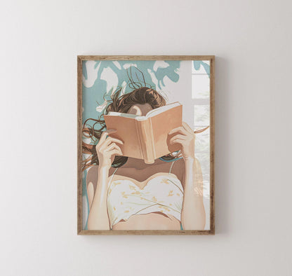 Framed artwork of a woman reading a book against a light background