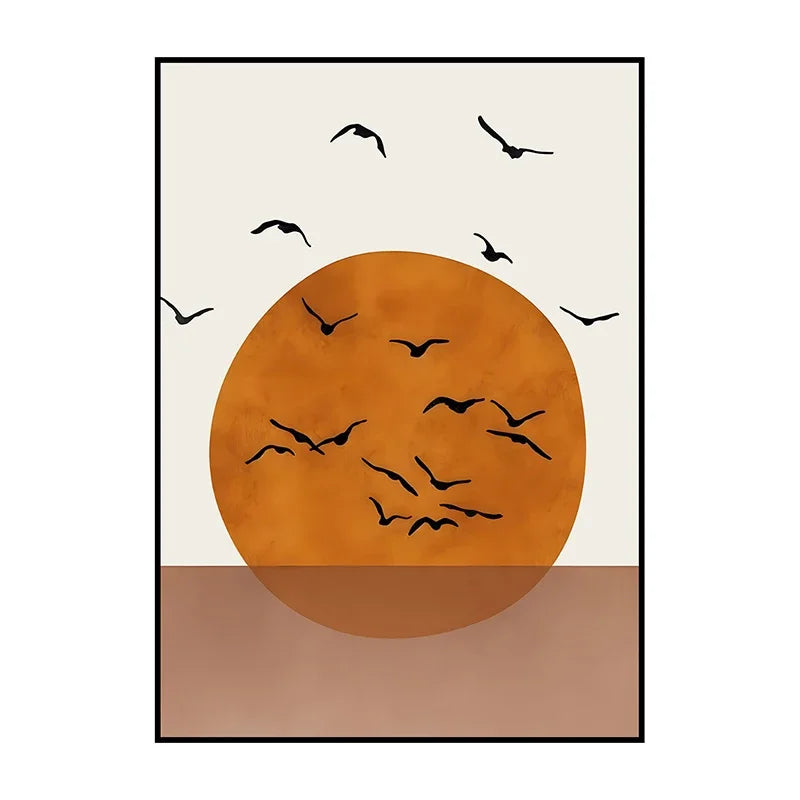 Art print with an orange circle and black birds on a beige background