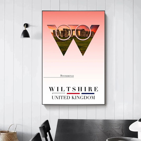 Poster of Stonehenge in Wiltshire, United Kingdom on a white wall above a table. Canvas & Curio