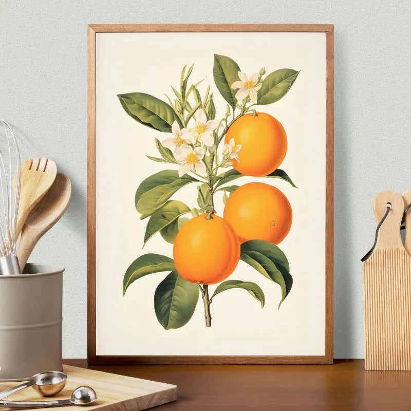 Framed artwork of oranges and flowers on a wall above a kitchen counter.