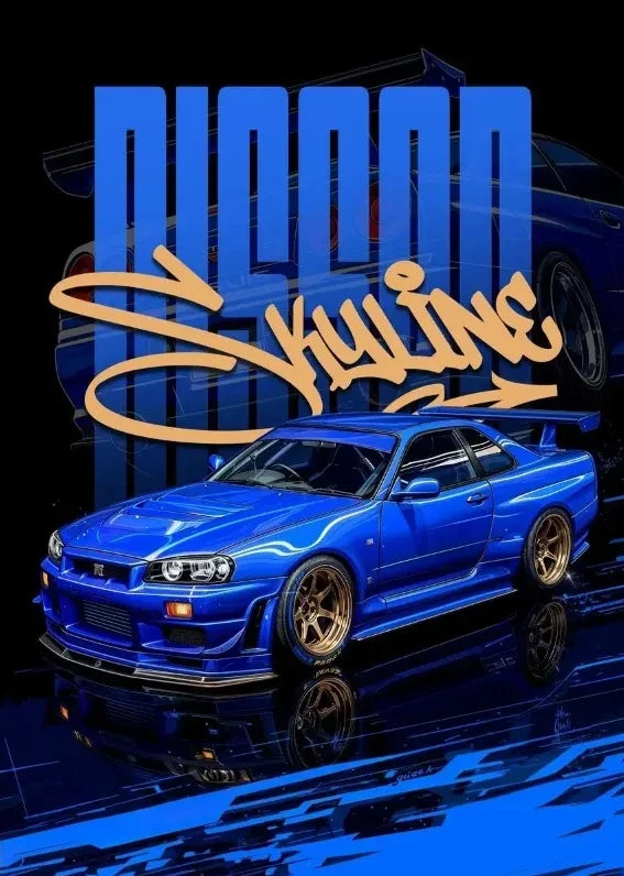 Blue Nissan Skyline car with 'Nissan' and 'Skyline' text on a dark background